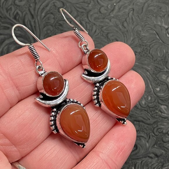 Carnelian Witchy Crescent Moon Lunar Earrings - Picture 3 of 4